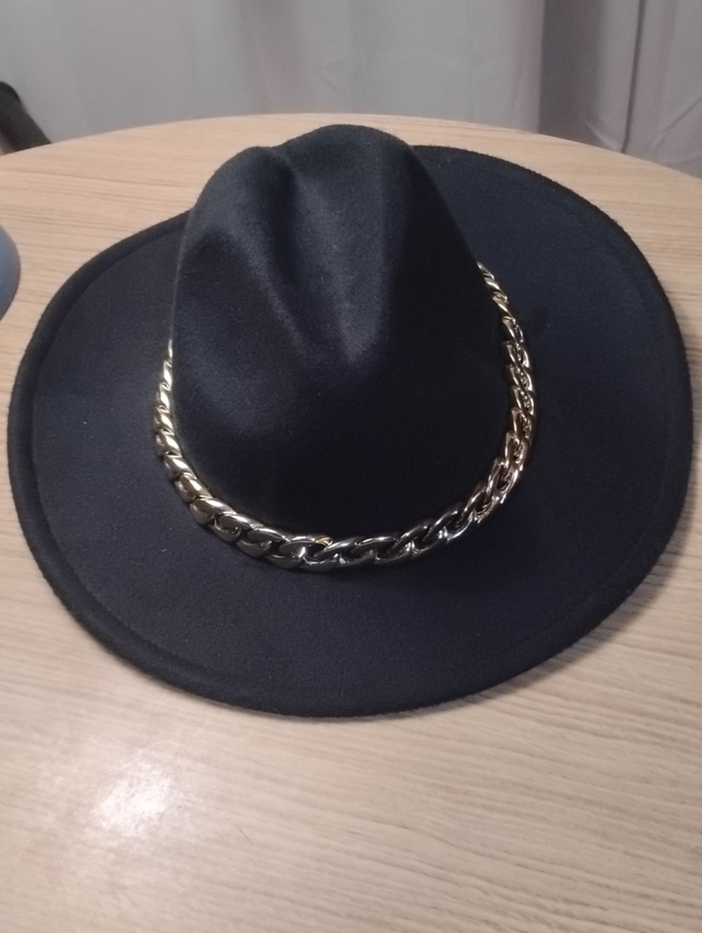 Unk Black Wide-Brim Fedora with Gold Chain Accent